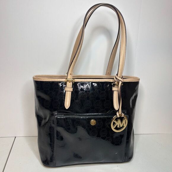 Michael Kors Black Tan Patent Leather Monogram Tote Shoulder Bag Womens Designer - Picture 3 of 11